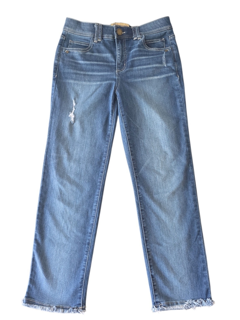 Democracy Medium Blue Straight-Leg Jeans with Frayed Hem
